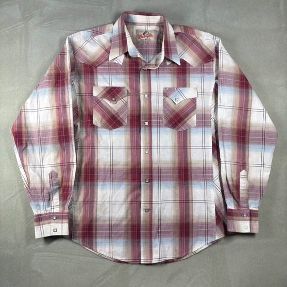 Wrangler Other - Wrangler American Cowboys Mens Plaid Western Pearl Snap Shirt Burgundy Tan XL